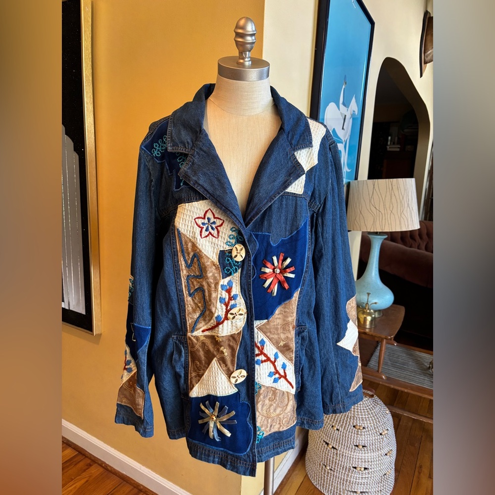 vintage indigo moon embroidered blazer jacket